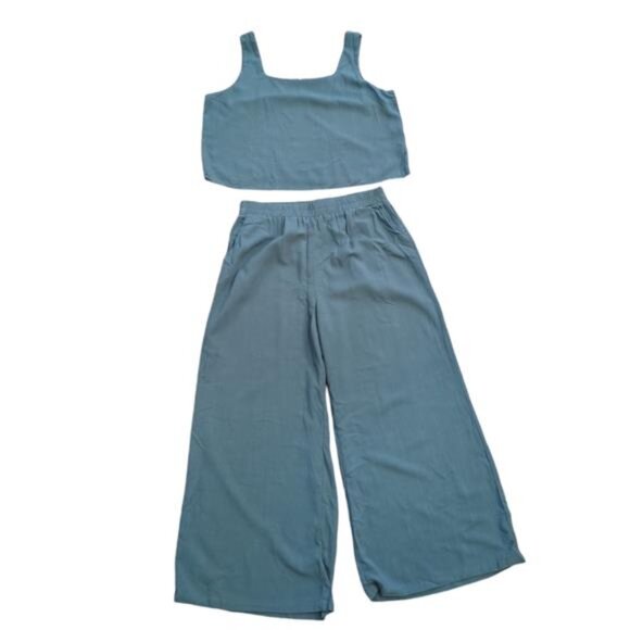 NEW Linen Blend Crop Tank Wide Leg Pants Set, Blue Women"s L - Picture 1 of 9